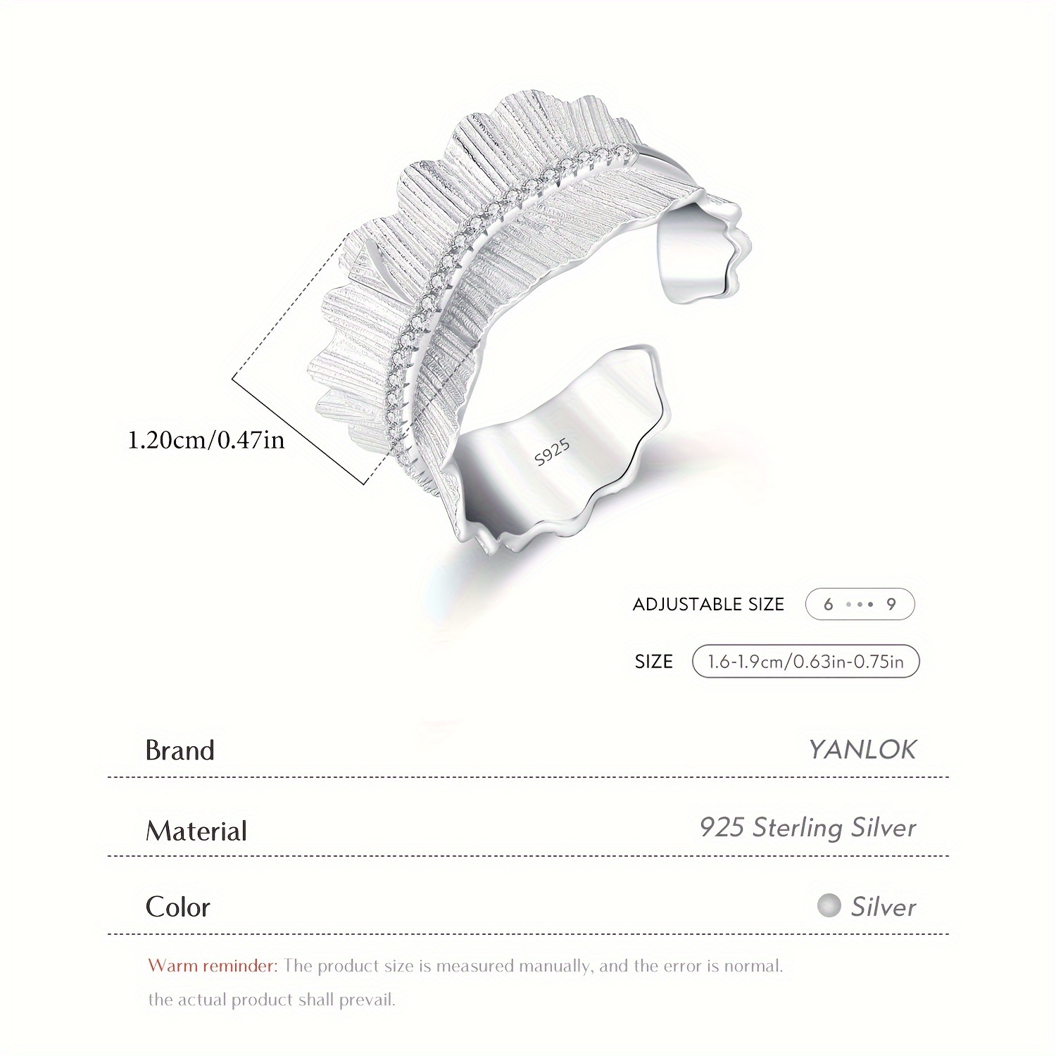 925 Silver Adjustable Texture Finger Ring Thick Stackable Pave Setting Rings
